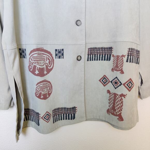 Vintage R&K Originals Faux Suede 90s Shirt Jacket Beige 12 Aztec Tribal Print - Picture 4 of 10